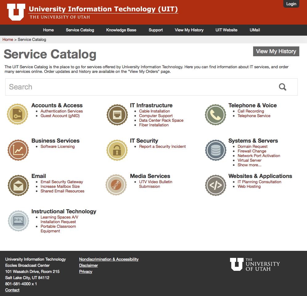 A screen capture of the IT Service Catalog, part of the ServiceNow platform.