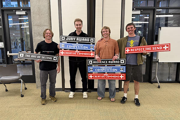 From left: Daxton Hunter, Oliver Lane, Canyon Sargent, and Adam Kohlmann. Lane won the Jury Award for his film, “Back to the Top” about the U of U Ski Team; Hunter, Sargent, and Kohlmann are the creative team behind the Audience Award-winning film, “Drop a Knee, Not Me” that showcased flips, cliff drops, and other skiing adventures over the 2024-2025 season.