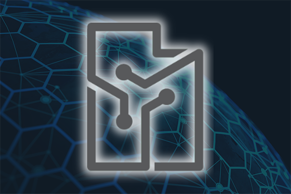 A glowing white-shadowed illustration in the shape of the state of Utah outlined by three gray lines and circles at their endpoints, meant to represent network nodes. The background is a blue-hued, beehive-like system of connections in the shape of a bending sphere, like a planet. 