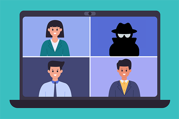 Illustration of a laptop computer with four figures on screen, depicting an online meeting, on a teal background. The shadowy figure in the upper right corner is wearing a hat, sunglasses, and trench coat, and is meant to represent an uninvited guest.