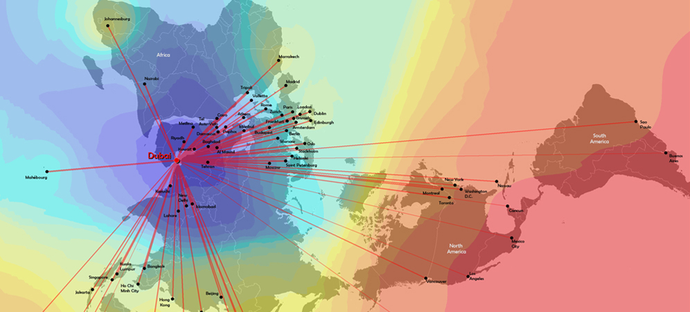 This map showing flight times to Dubai was created by the DIGIT Lab.