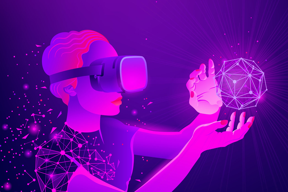 Pink and purple digital illustration of a woman wearing a virtual reality headset. The woman's clothing fades into a design that resemble a computer network.