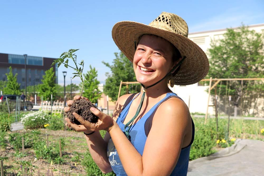 A woman wearing a sun hat and blue tank top holding a plant in a garden. (Courtesy of the Sustainability Office)