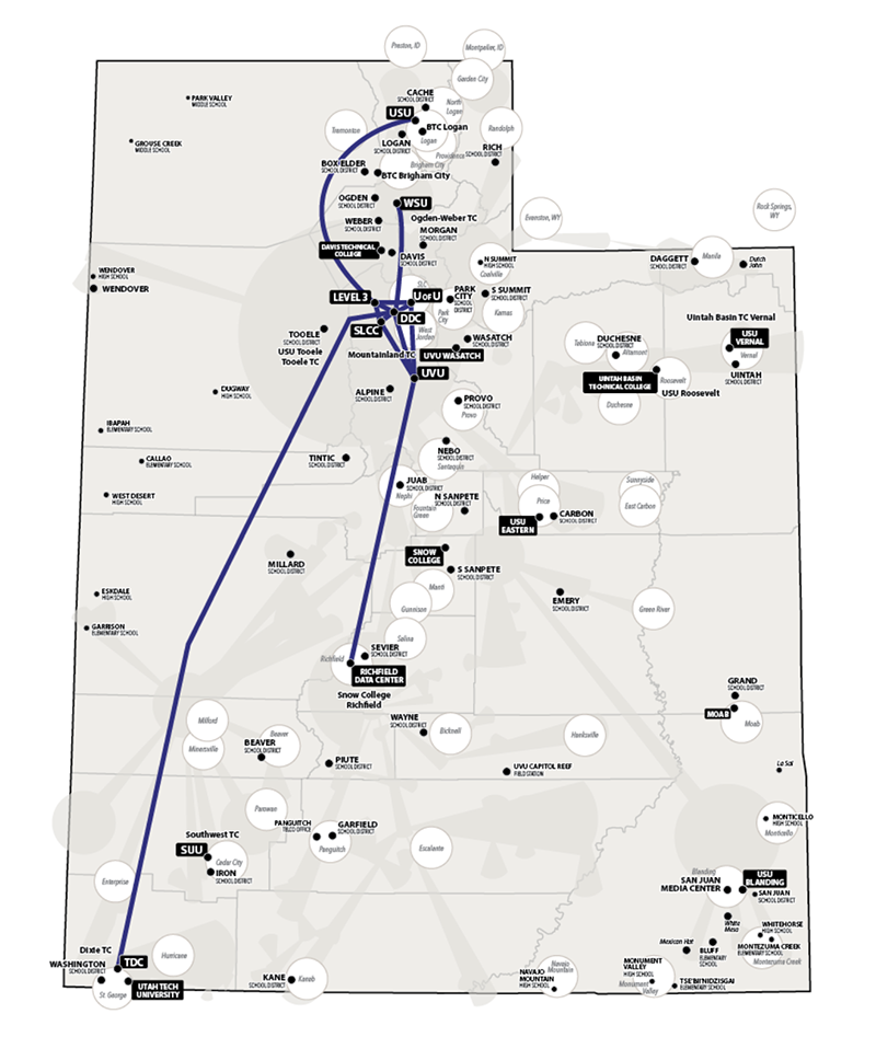 The Utah Education and Telehealth Network infrastructure map shows UETN’s broad network that spans from Logan to St. George and connects all Utah school districts, schools, and higher education institutions, including the University of Utah. The Utah Education and Telehealth Network infrastructure map shows UETN’s broad network that spans from Logan to St. George and connects all Utah school districts, schools, and higher education institutions, including the University of Utah.