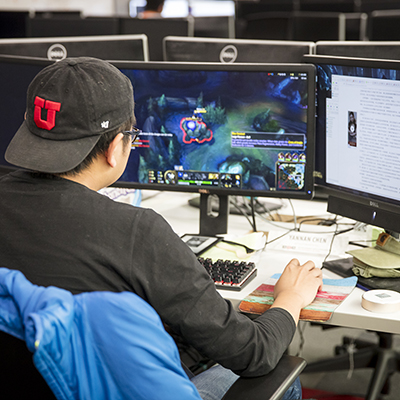 An Entertainment Arts and Engineering student works in the EAE master game studio. Image courtesy of the University of Utah.