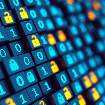 Rows of dark blue blocks protruding at various lengths. Each block features either a teal zero, teal one, teal closed lock symbol, or orange open lock symbol. The illustration symbolizes how information is guarded by cybersecurity protections, which include network access control.