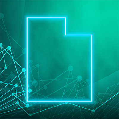 A neon blue-outlined illustration of the state of Utah is superimposed over a green-hued background of intersecting lines and circles intended to resemble network connection points.