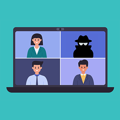 Illustration of a laptop computer with four figures on screen, depicting an online meeting, on a teal background. The shadowy figure in the upper right corner is wearing a hat, sunglasses, and trench coat, and is meant to represent an uninvited guest.