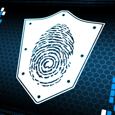 A blue fingerprint inside a white shield on a blue background with a hexagon pattern.