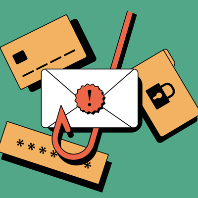 White email message icon with a black exclamation point inside an orange 16-sided star being pulled by a red-orange fish hook on a green background. Around the email, from right, are a black padlock inside an orange rectangle, black asterisks inside an organelle rectangle (representing a password field), and a black and orange credit/debit card icon.