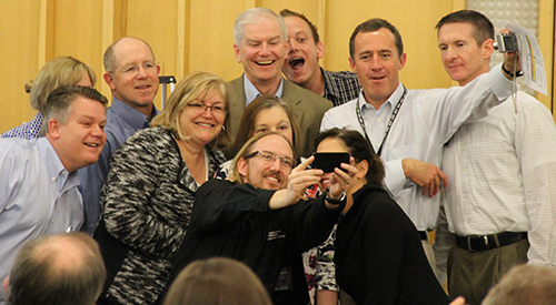 UIT staff take a photo during the March 7, 2014, UIT All-Hands Meeting.